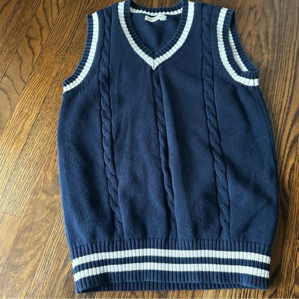 Navy Blue Cable Knit Cotton Sweater Vest Women’s Small Preppy White Trim